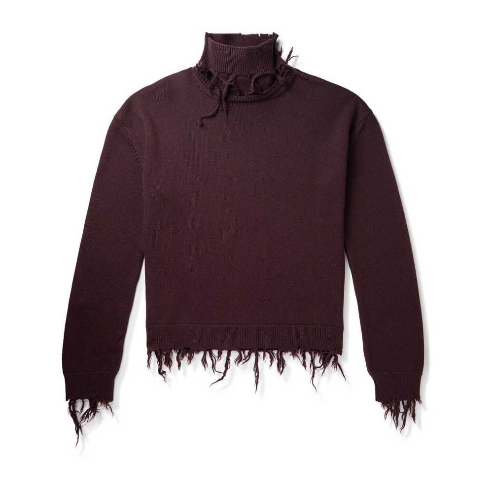 Vetements Oversized Raw edge wool knit sweater turtleneck fringed Burgundy XS